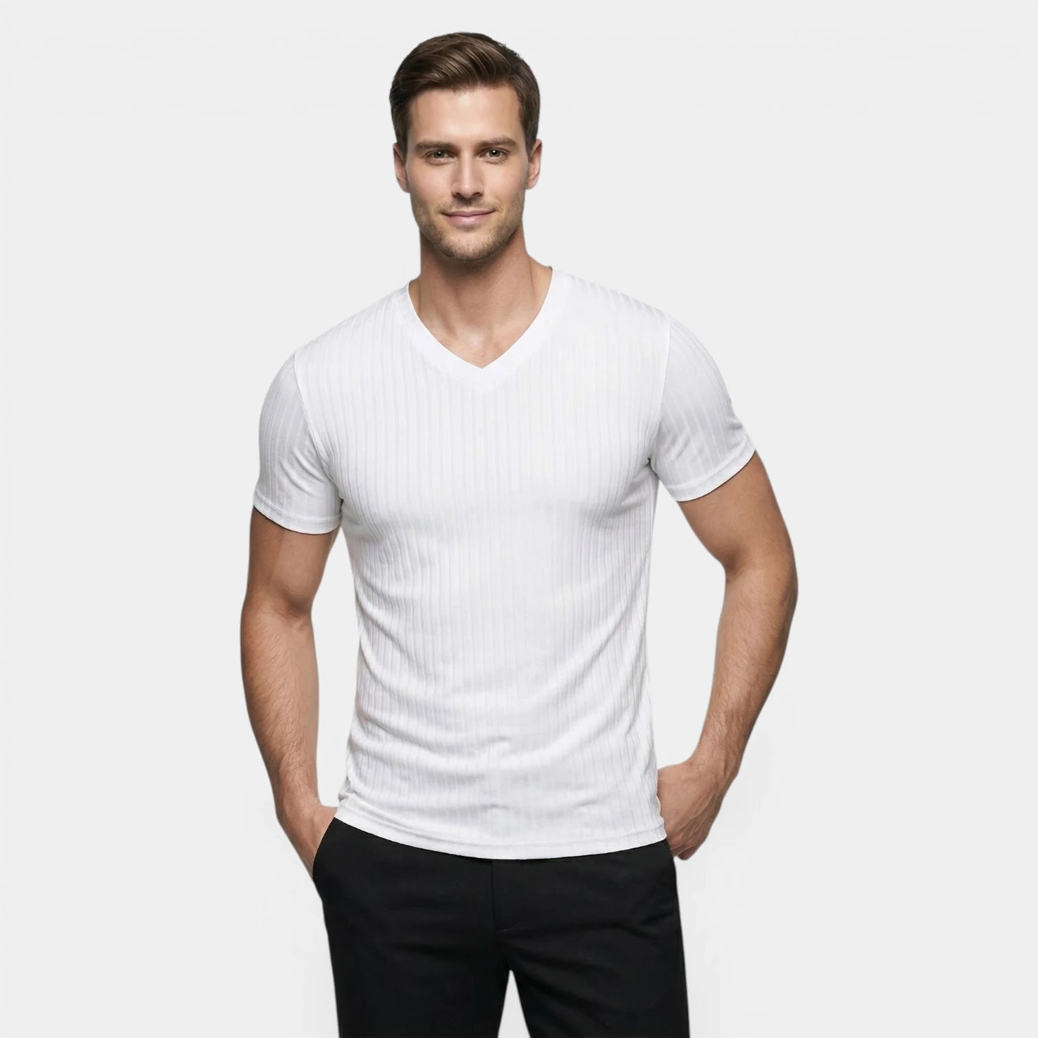 T-shirt Homme Côtelé Col V Manches Courtes Coupe Ajustée Maille Texturée