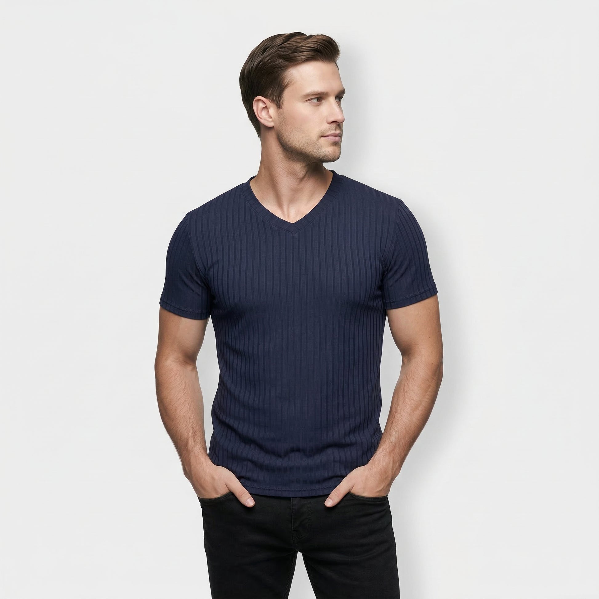 T-shirt Homme Côtelé Col V Manches Courtes Coupe Ajustée Maille Texturée