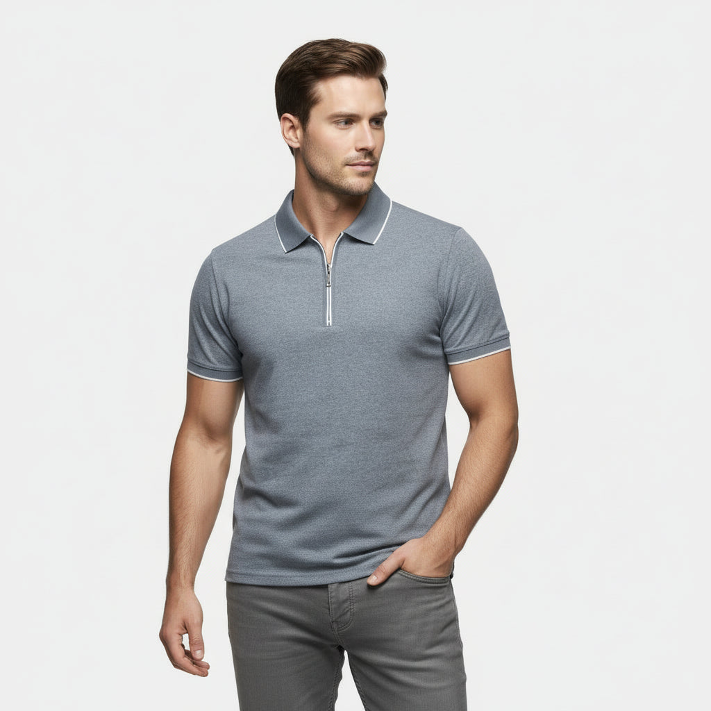 Men's Short-Sleeve Polo Shirt Half-Zip Contrast Collar Textured Finish Regular Fit