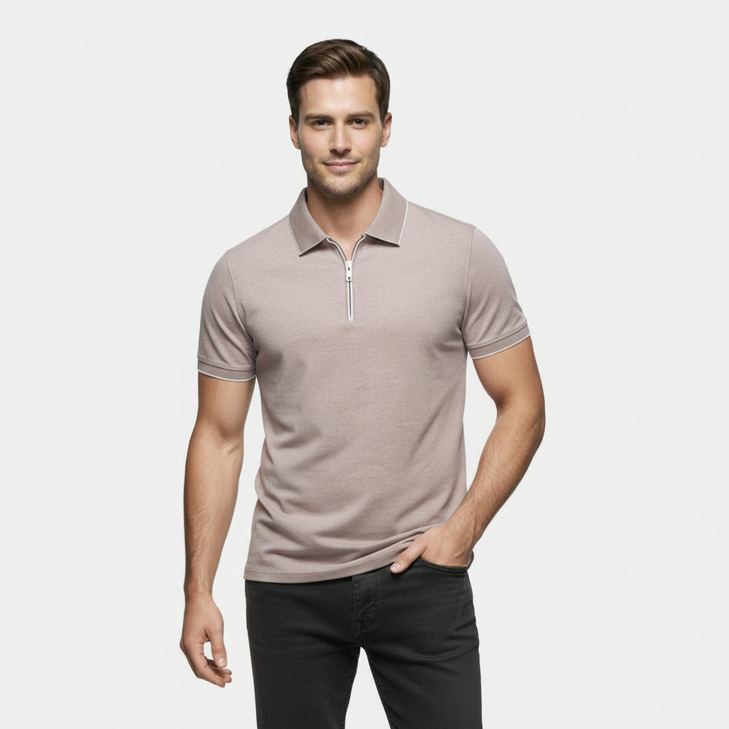 Men's Short-Sleeve Polo Shirt Half-Zip Contrast Collar Textured Finish Regular Fit