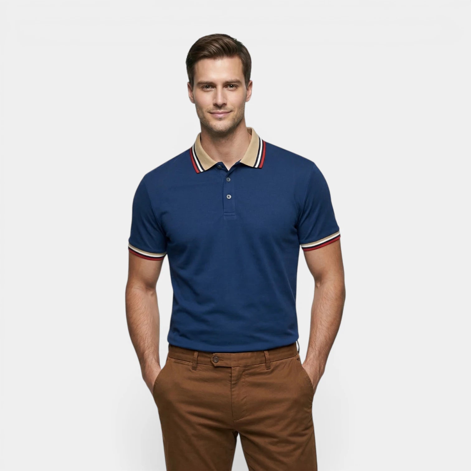 Men's Short-Sleeve Polo Shirt Button Placket Contrast Collar Regular Fit