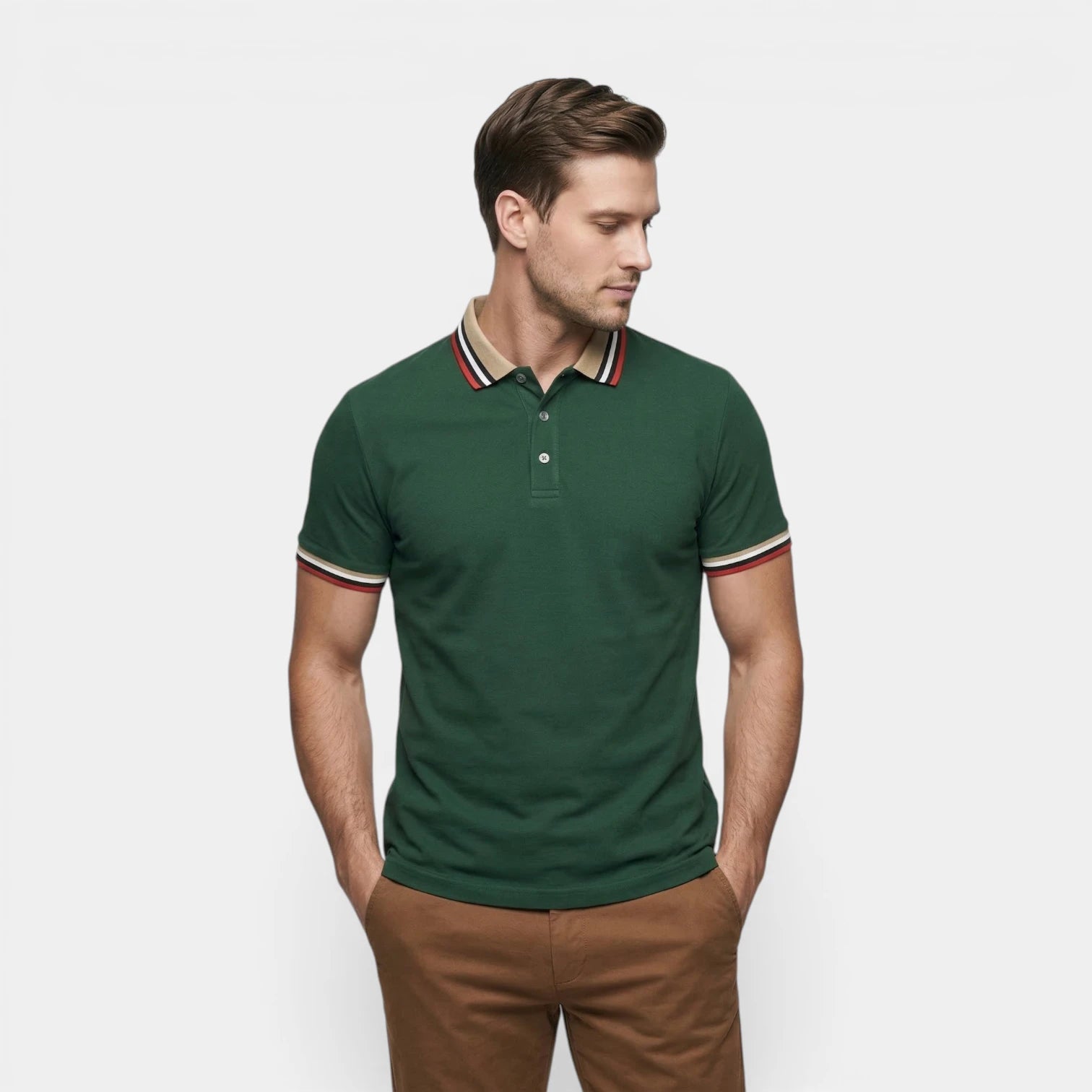 Men's Short-Sleeve Polo Shirt Button Placket Contrast Collar Regular Fit