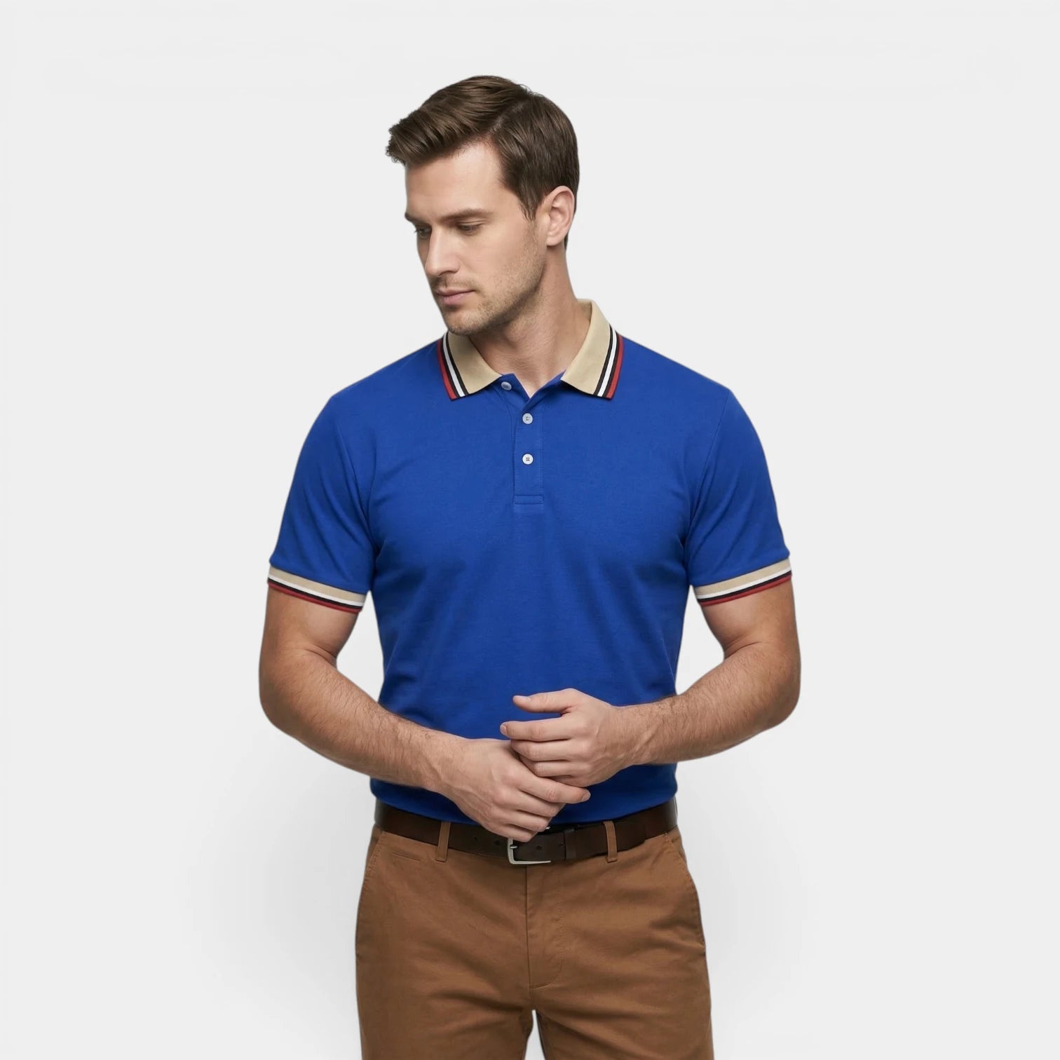 Men's Short-Sleeve Polo Shirt Button Placket Contrast Collar Regular Fit