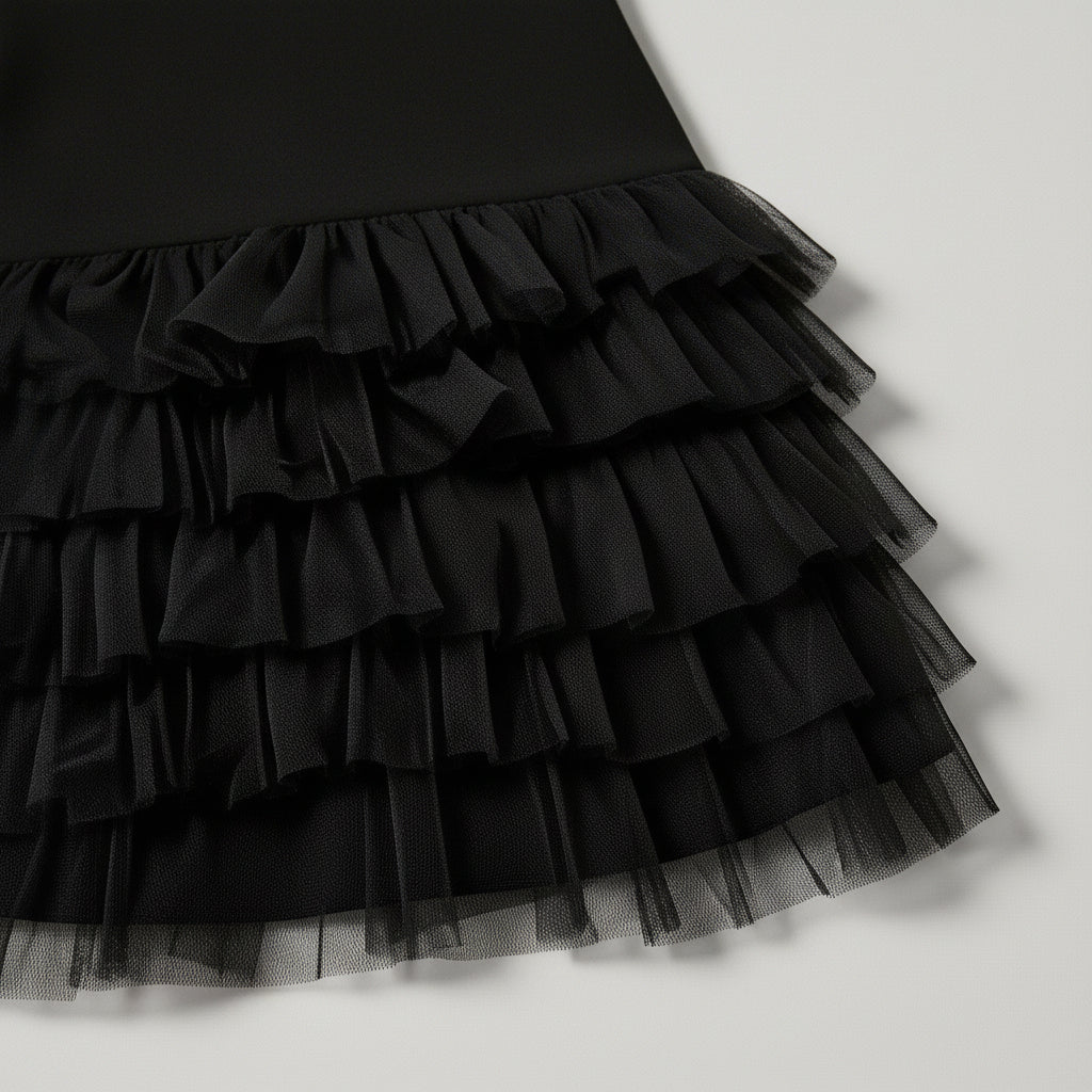 Robe Mini Femme Chic Col Montant Sans Manches avec Jupe à Volants