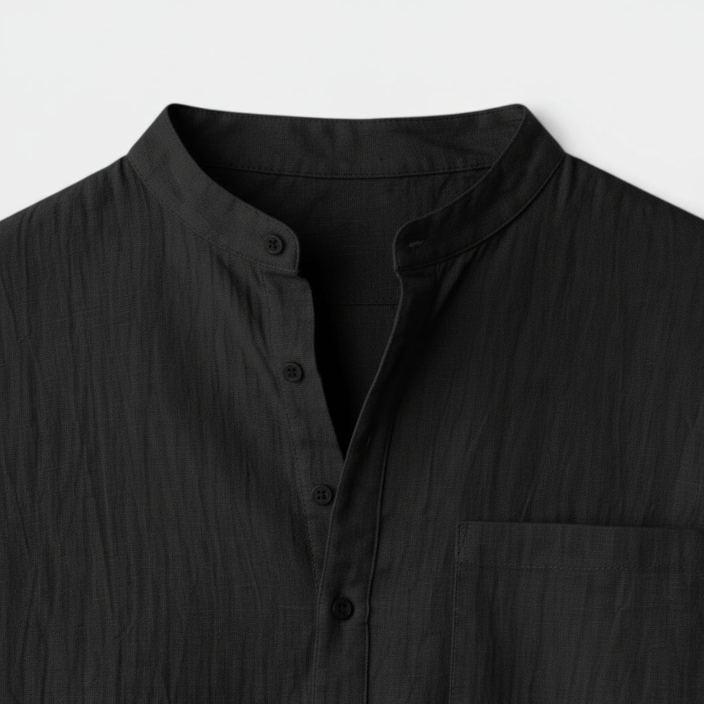 Men's Short-Sleeve Mandarin Collar Shirt with Chest Pocket