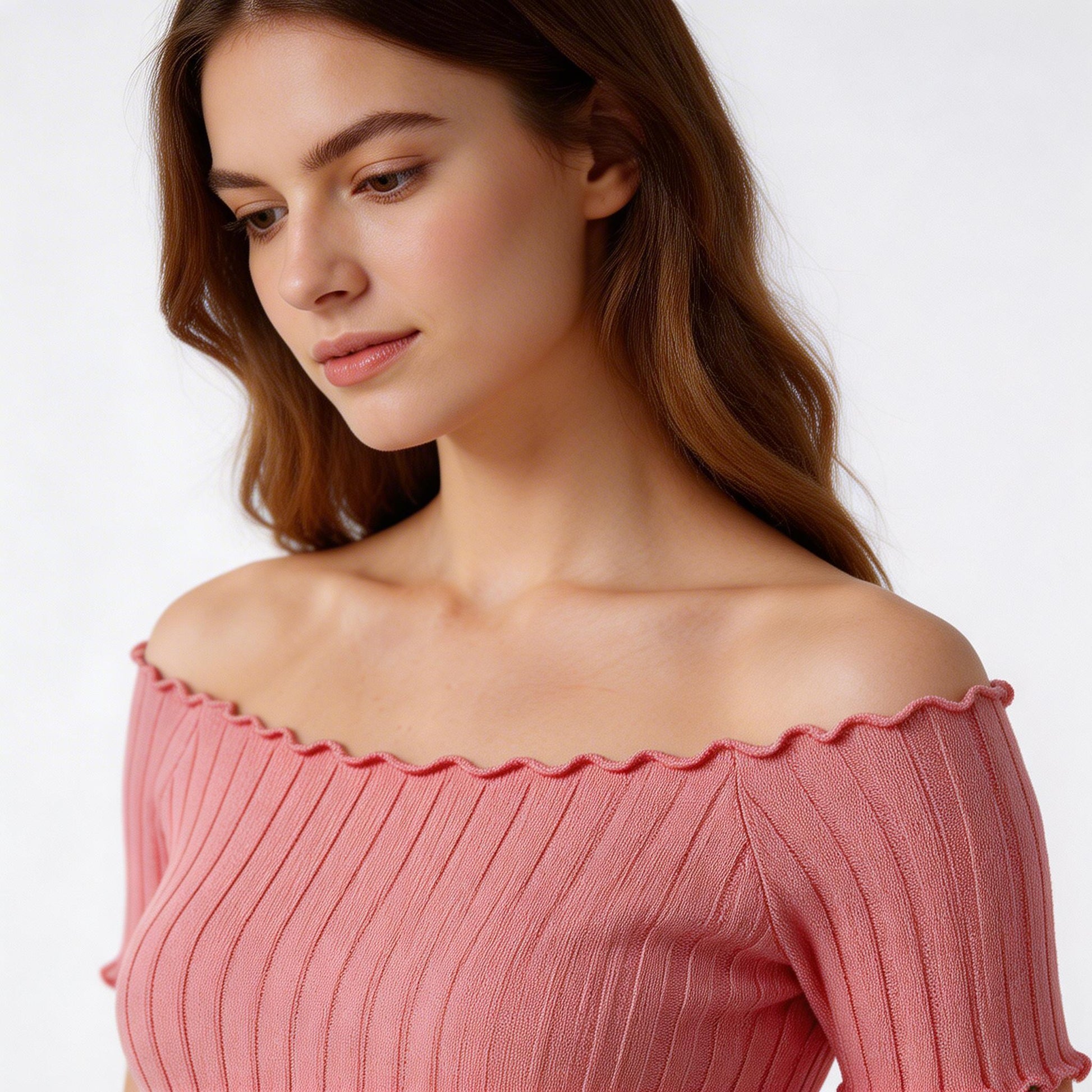 Haut Femme Épaules Dénudées Manches Courtes Maille Côtelée