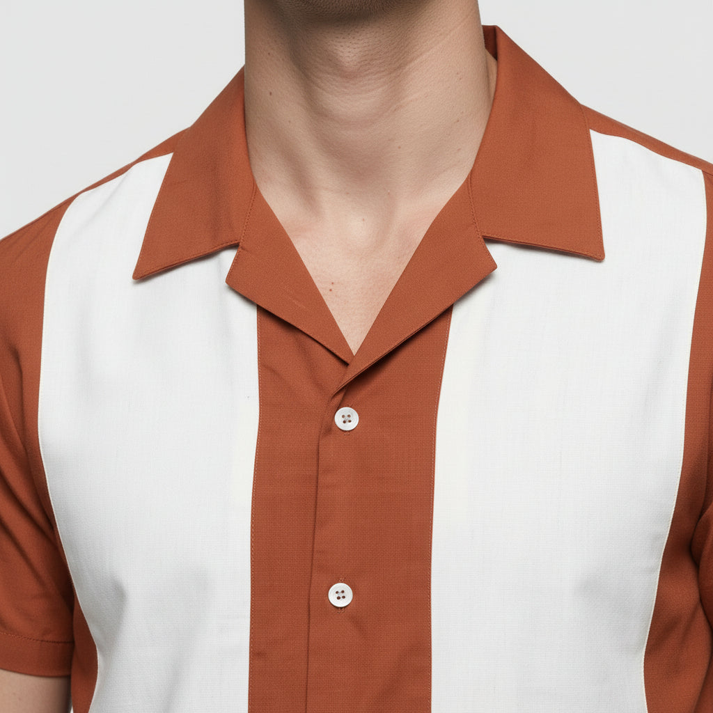 Chemise Homme Manches Courtes Boutonnée à Rayures Verticales Col Camp