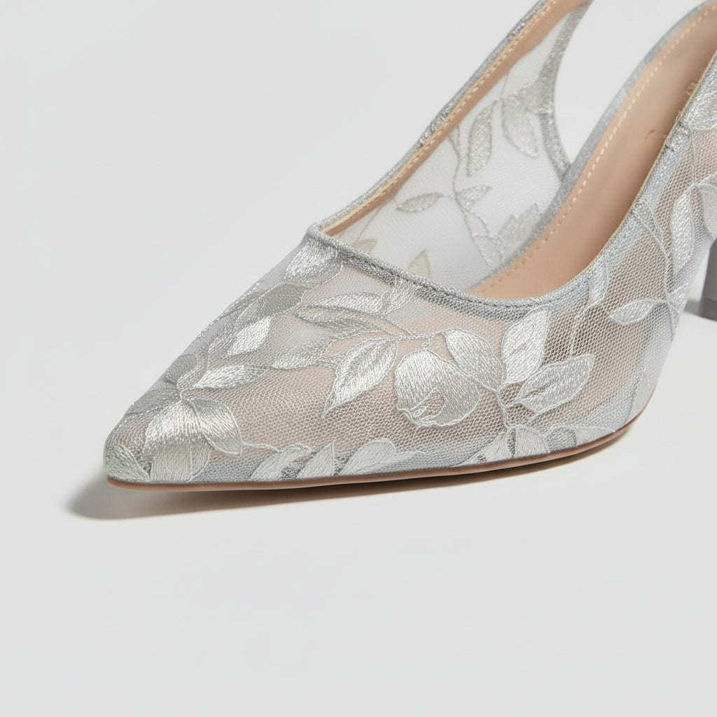 Escarpins Femme Slingback à Bout Pointu Maille Florale Talon Moyen