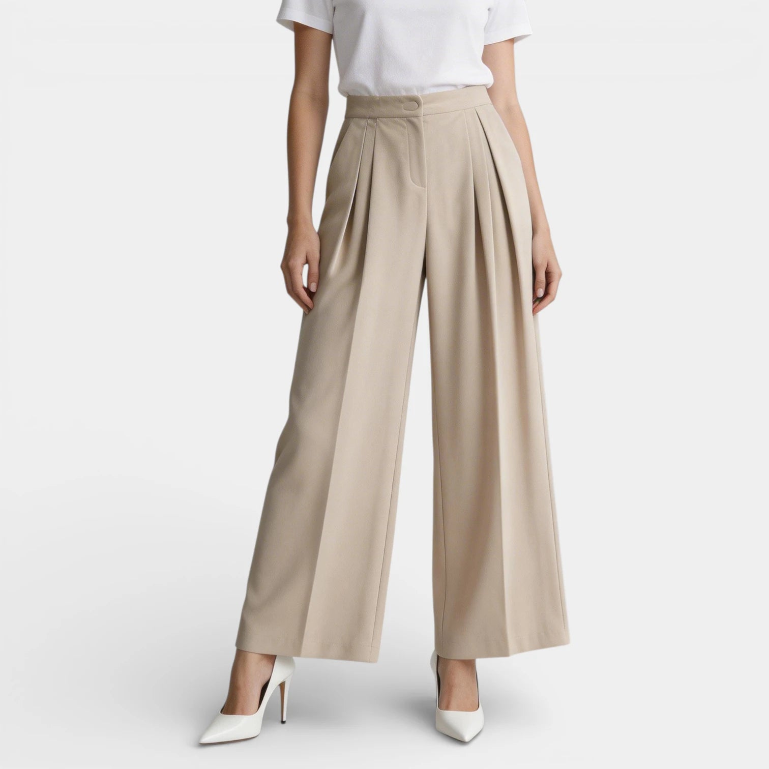 Pantalon Large Femme Taille Haute Plissé – Fermeture Bouton