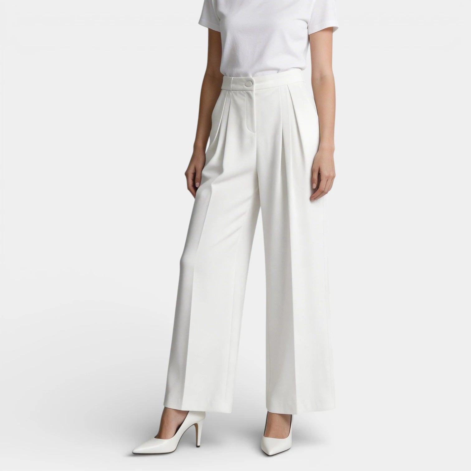 Pantalon Large Femme Taille Haute Plissé – Fermeture Bouton