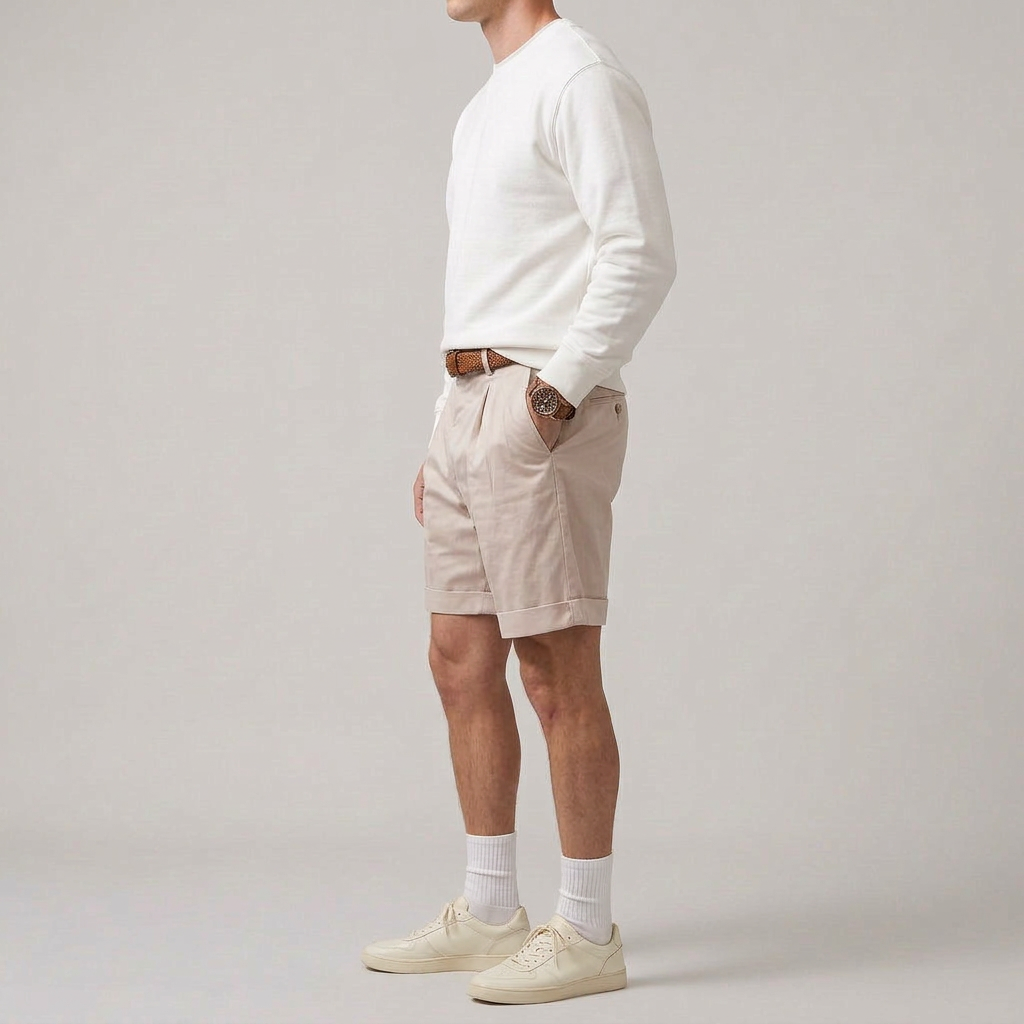 Short Chino Double Pli Revers Ceinturé pour Homme