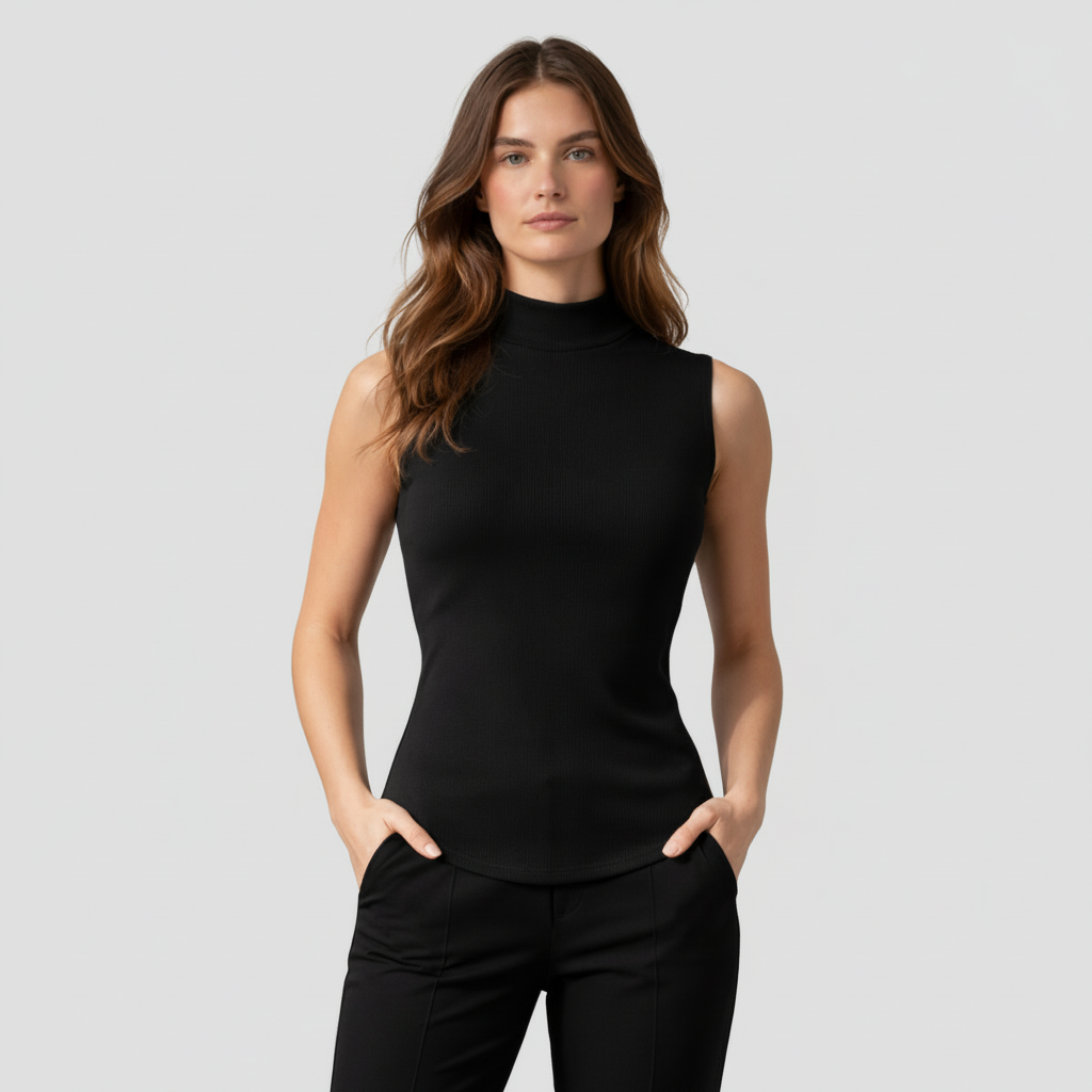 Top Femme Maille Côtelée Col Montant – Manches Courtes Coupe Ajustée