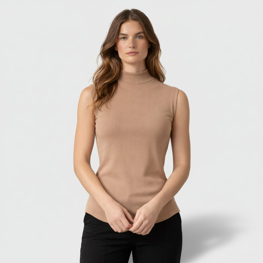 Top Femme Maille Côtelée Col Montant – Manches Courtes Coupe Ajustée