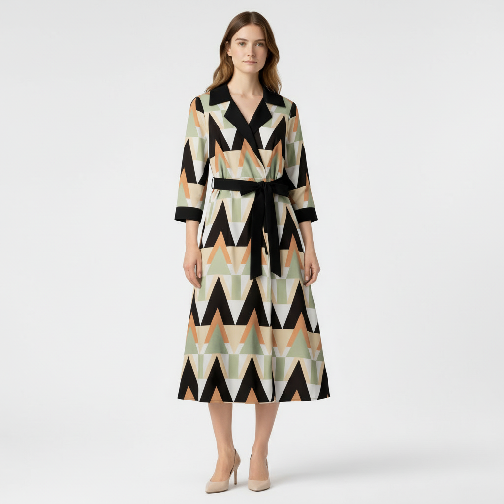 Robe Midi Portefeuille Femme à Col – Ceinture à Nouer Manches 3/4