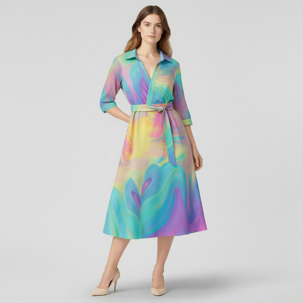 Robe Midi Portefeuille Femme à Col – Ceinture à Nouer Manches 3/4