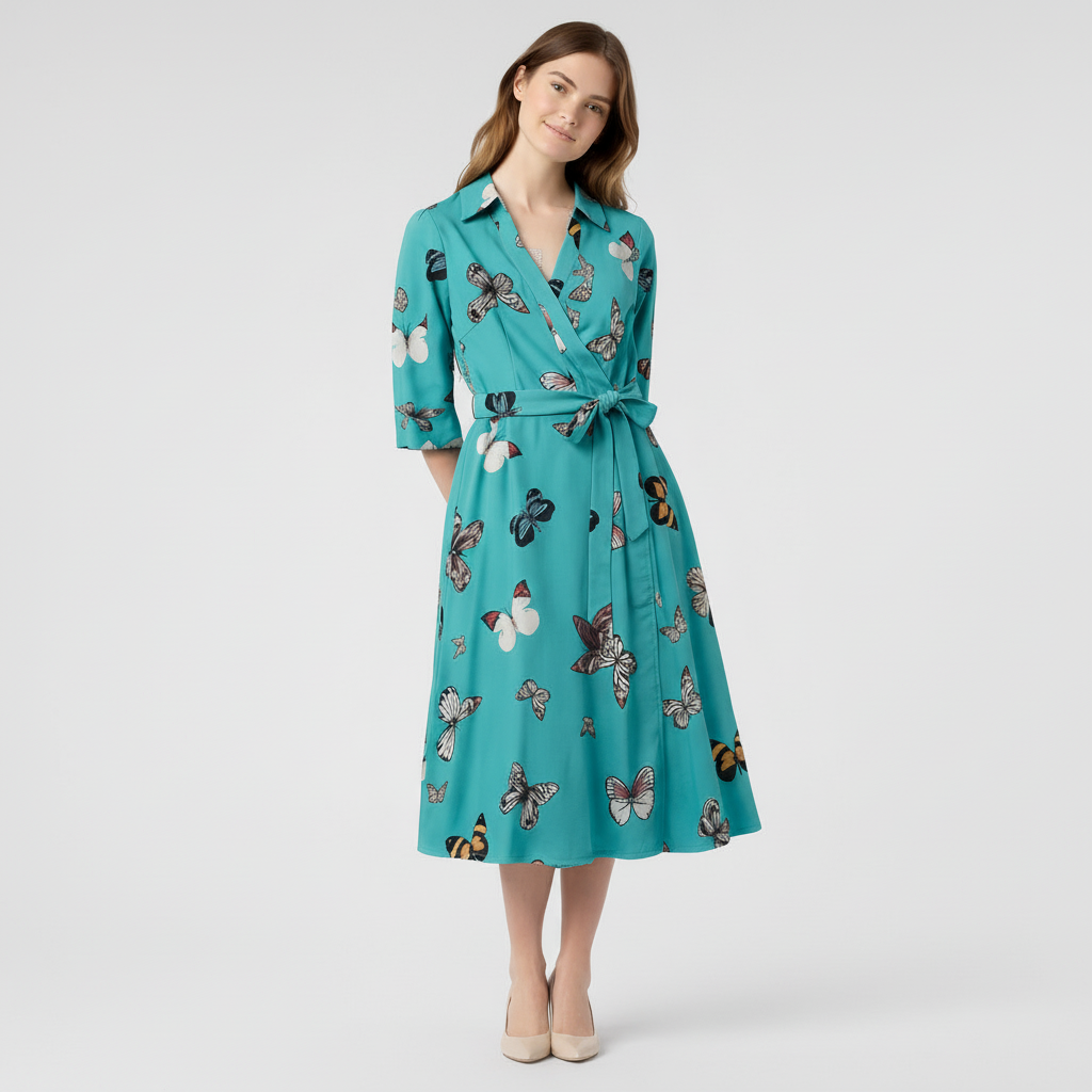 Robe Midi Portefeuille Femme à Col – Ceinture à Nouer Manches 3/4