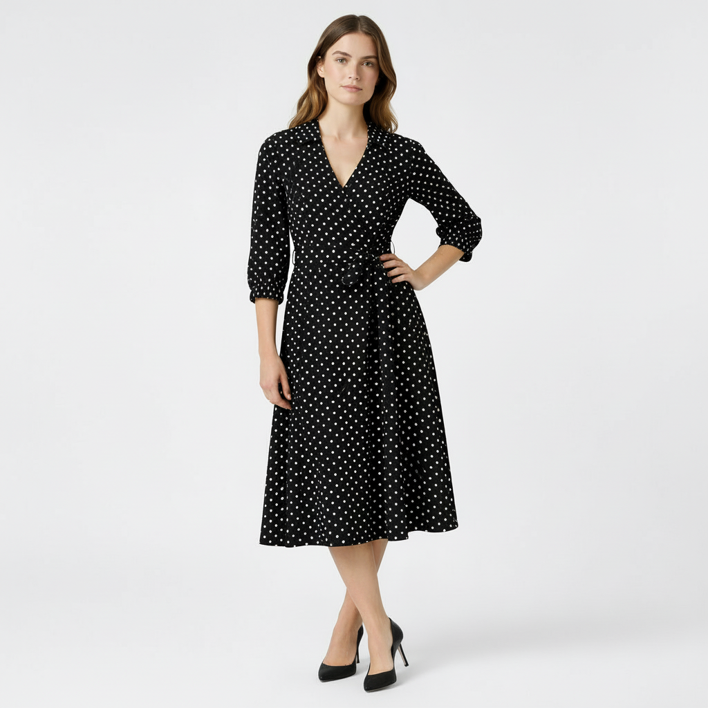 Robe Midi Portefeuille Femme à Col – Ceinture à Nouer Manches 3/4