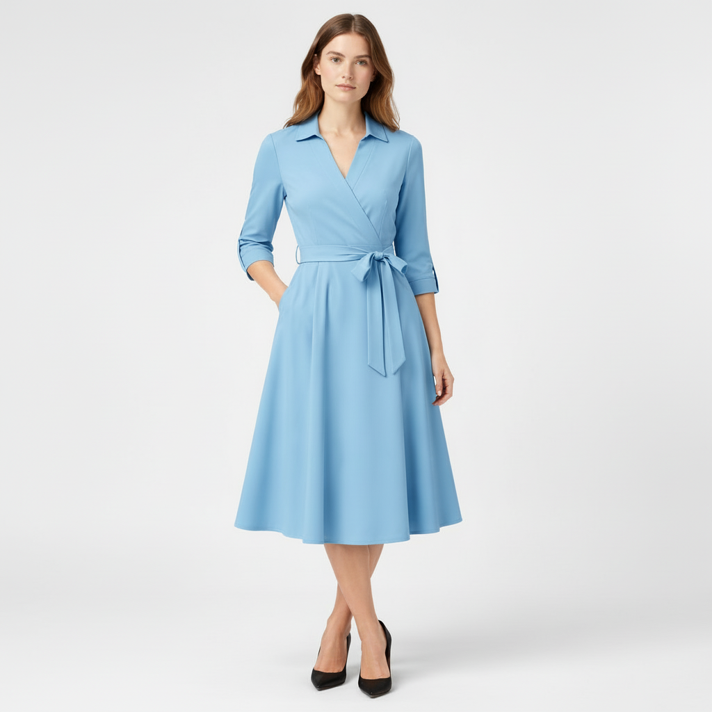 Robe Midi Portefeuille Femme à Col – Ceinture à Nouer Manches 3/4