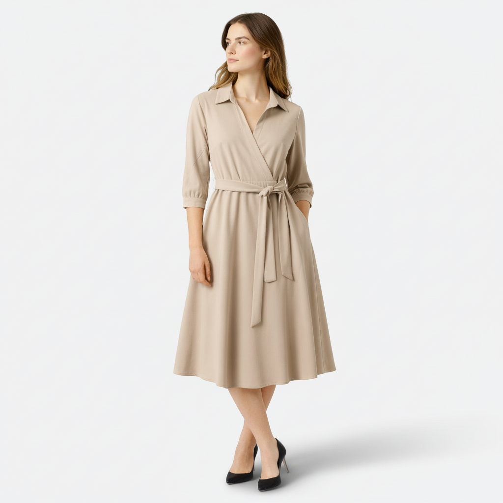 Robe Midi Portefeuille Femme à Col – Ceinture à Nouer Manches 3/4