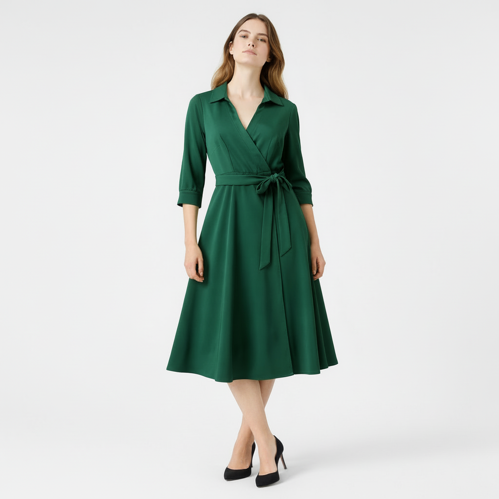 Robe Midi Portefeuille Femme à Col – Ceinture à Nouer Manches 3/4