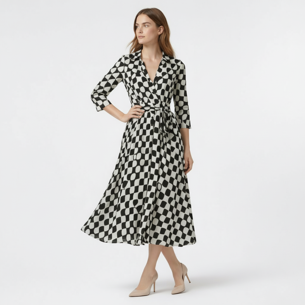 Robe Midi Portefeuille Femme à Col – Ceinture à Nouer Manches 3/4