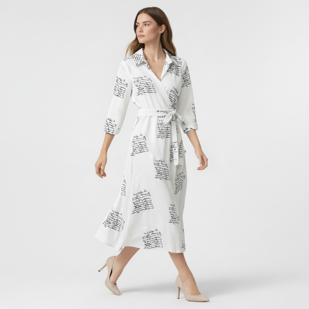 Robe Midi Portefeuille Femme à Col – Ceinture à Nouer Manches 3/4