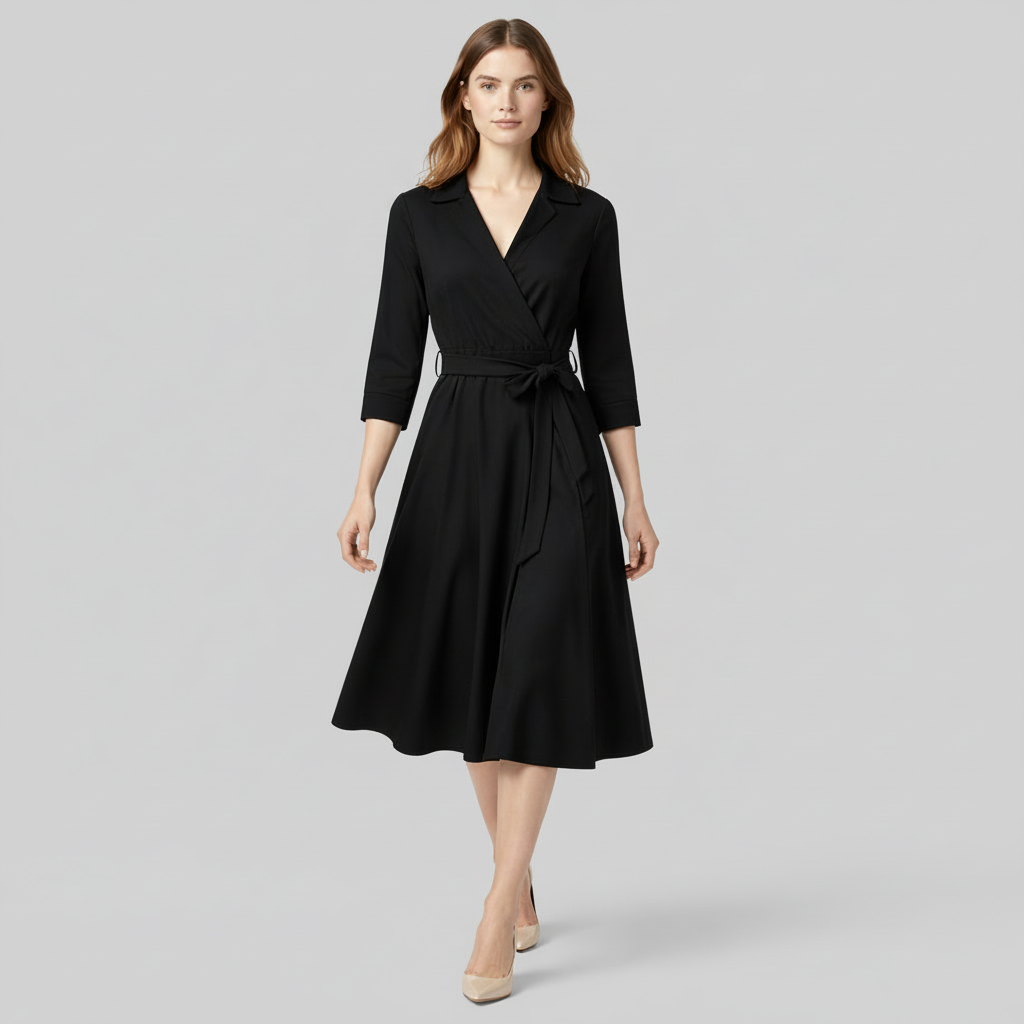 Robe Midi Portefeuille Femme à Col – Ceinture à Nouer Manches 3/4