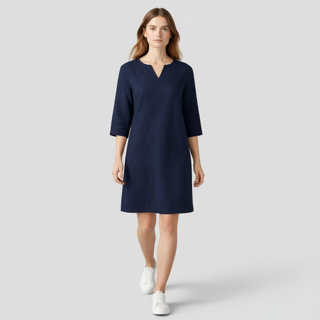 Robe Midi Femme Col V – Manches 3/4 Silhouette Épurée