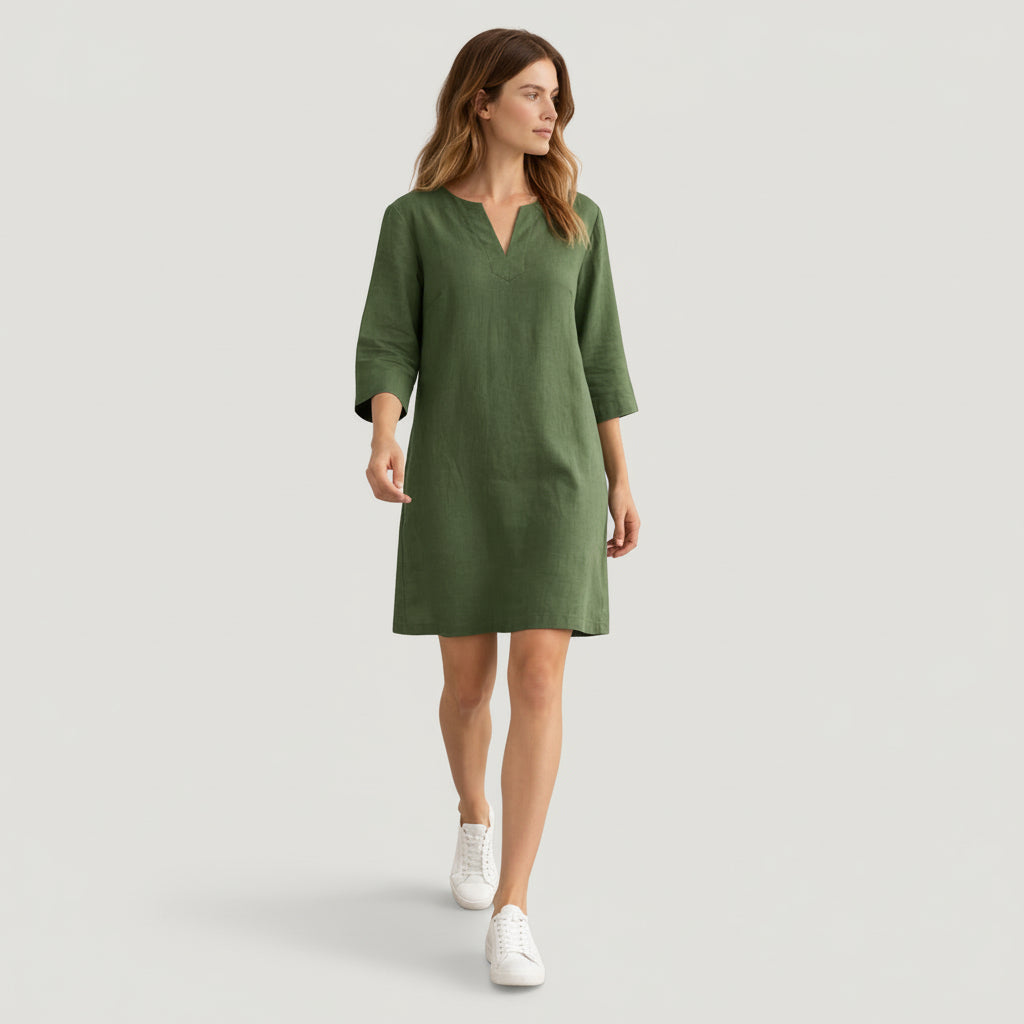 Robe Midi Femme Col V – Manches 3/4 Silhouette Épurée