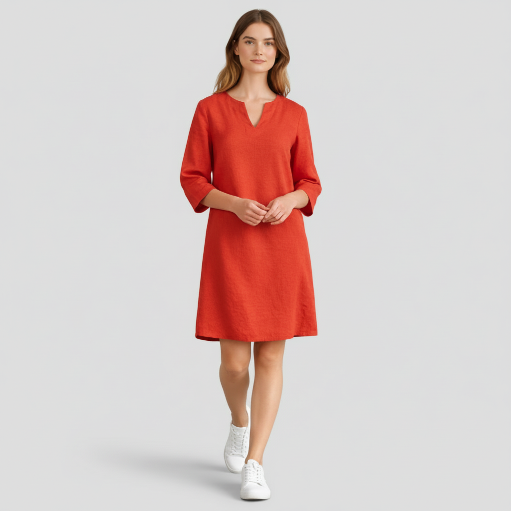 Robe Midi Femme Col V – Manches 3/4 Silhouette Épurée