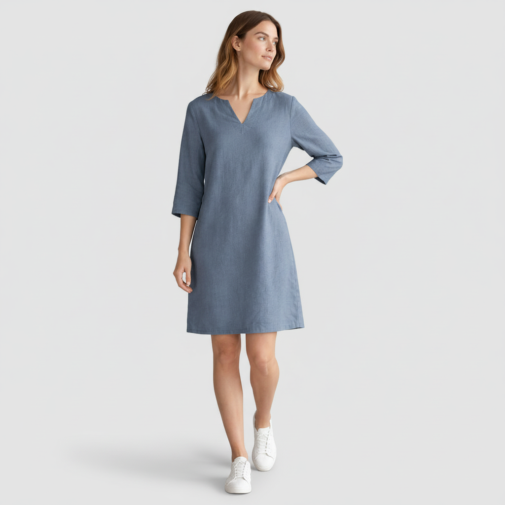 Robe Midi Femme Col V – Manches 3/4 Silhouette Épurée