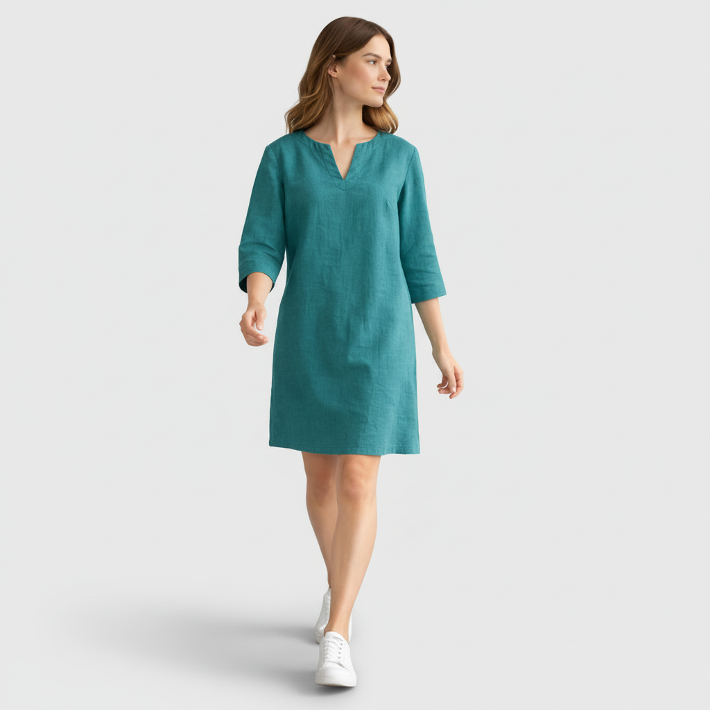 Robe Midi Femme Col V – Manches 3/4 Silhouette Épurée