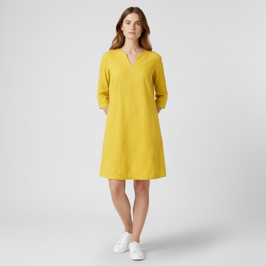 Robe Midi Femme Col V – Manches 3/4 Silhouette Épurée