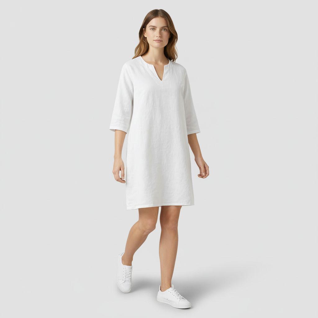 Robe Midi Femme Col V – Manches 3/4 Silhouette Épurée