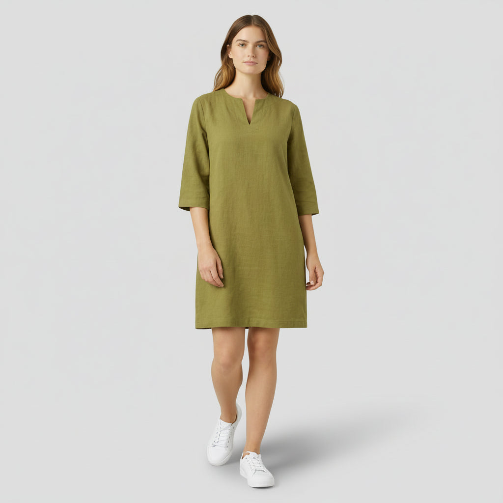 Robe Midi Femme Col V – Manches 3/4 Silhouette Épurée