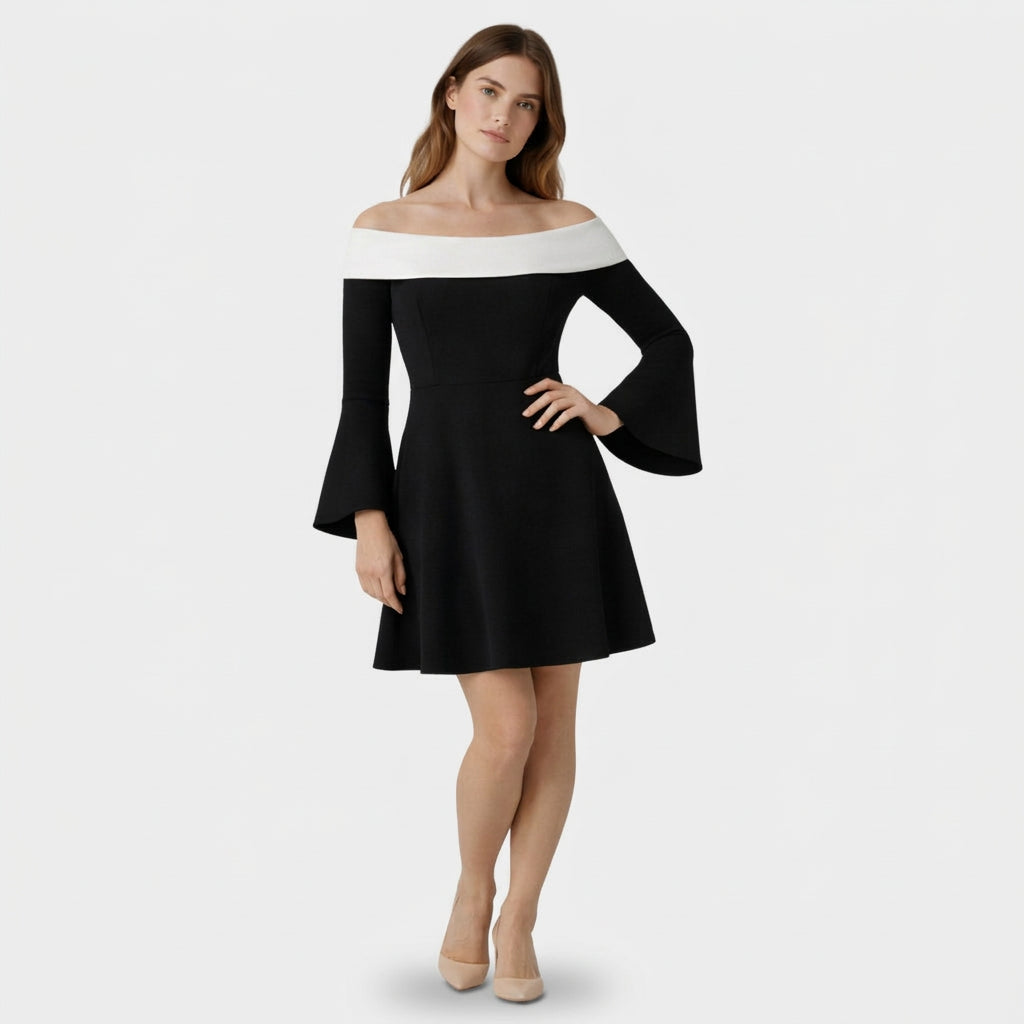 Robe Mini Femme Épaules Dénudées – Manches Évasées Coupe Fit & Flare