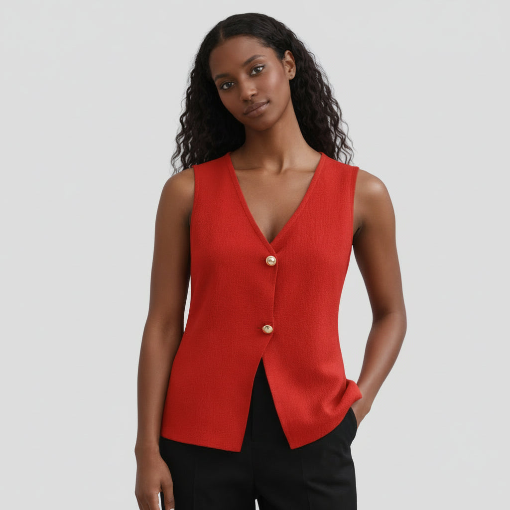 Top Gilet Femme Sans Manches Col V – Fermeture Boutonnée