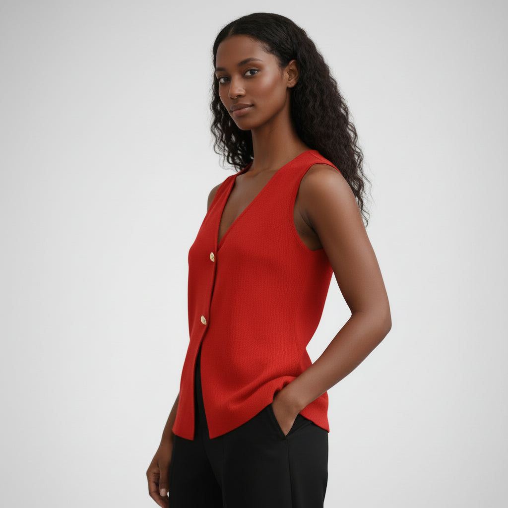 Top Gilet Femme Sans Manches Col V – Fermeture Boutonnée