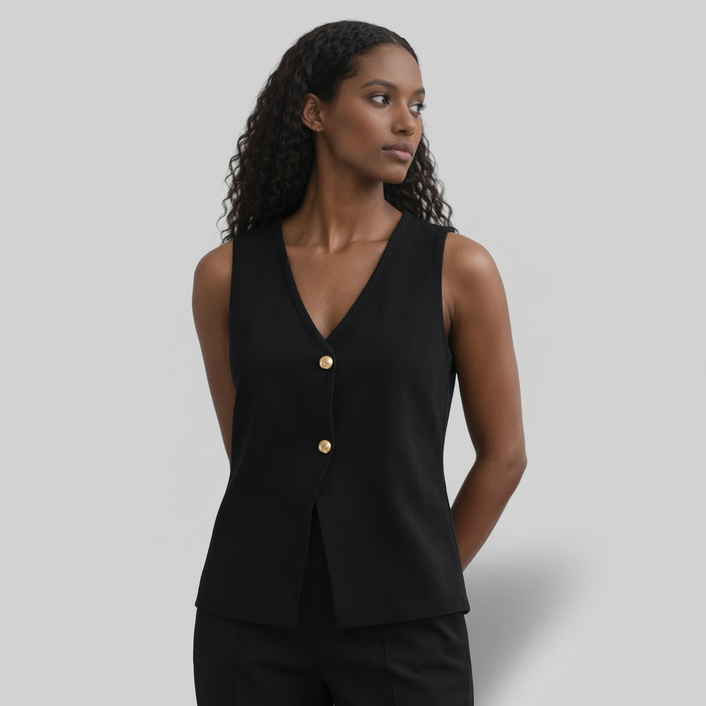 Top Gilet Femme Sans Manches Col V – Fermeture Boutonnée
