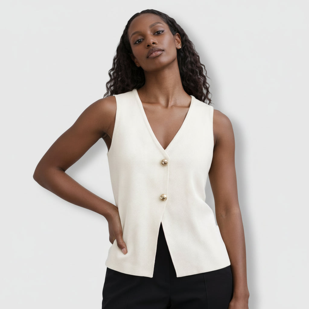 Top Gilet Femme Sans Manches Col V – Fermeture Boutonnée