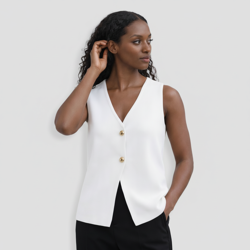 Top Gilet Femme Sans Manches Col V – Fermeture Boutonnée