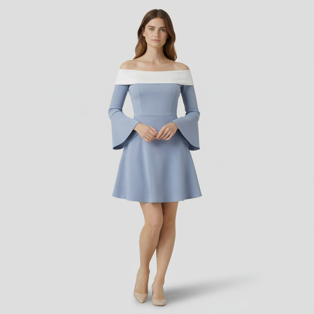 Robe Mini Femme Épaules Dénudées – Manches Évasées Coupe Fit & Flare