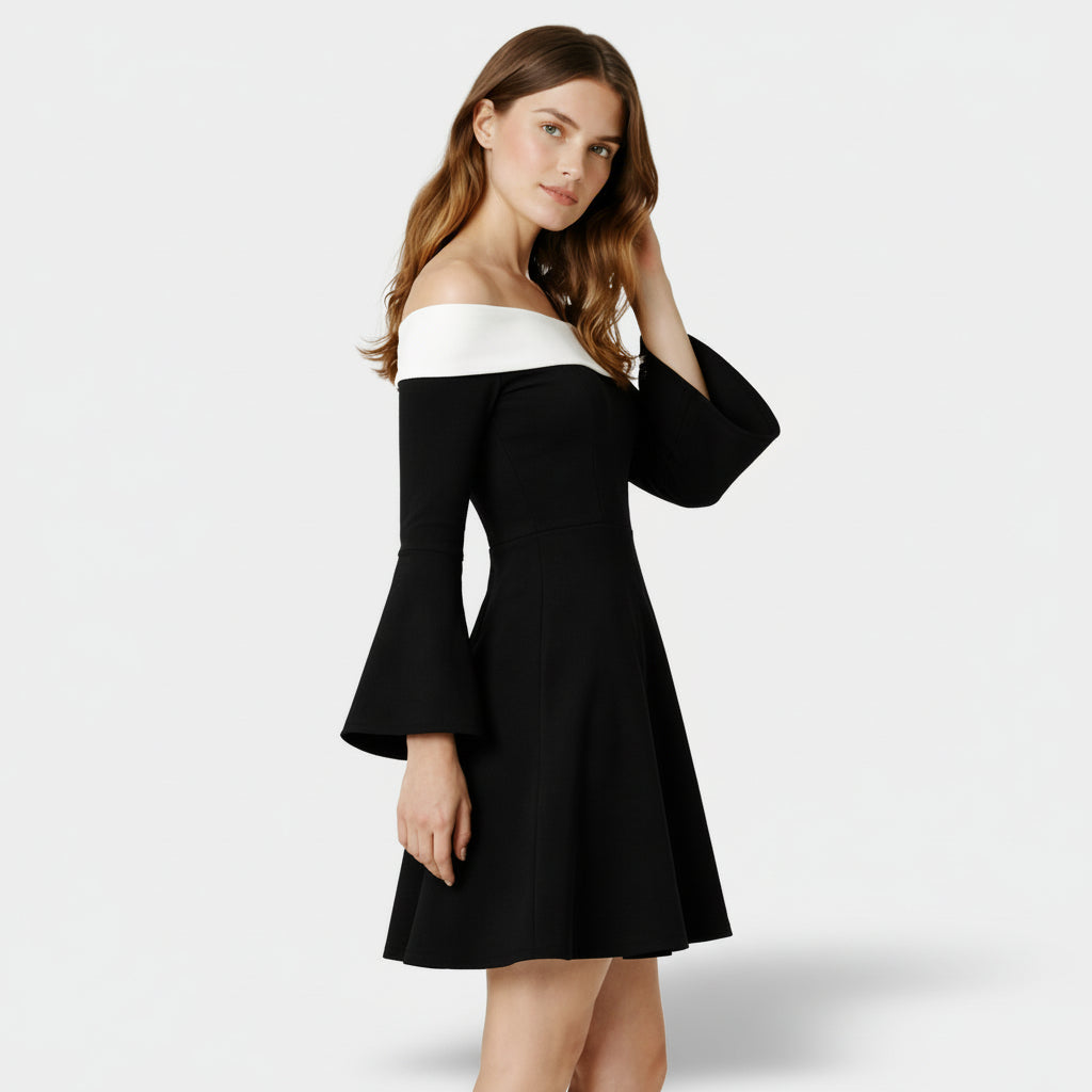 Robe Mini Femme Épaules Dénudées – Manches Évasées Coupe Fit & Flare