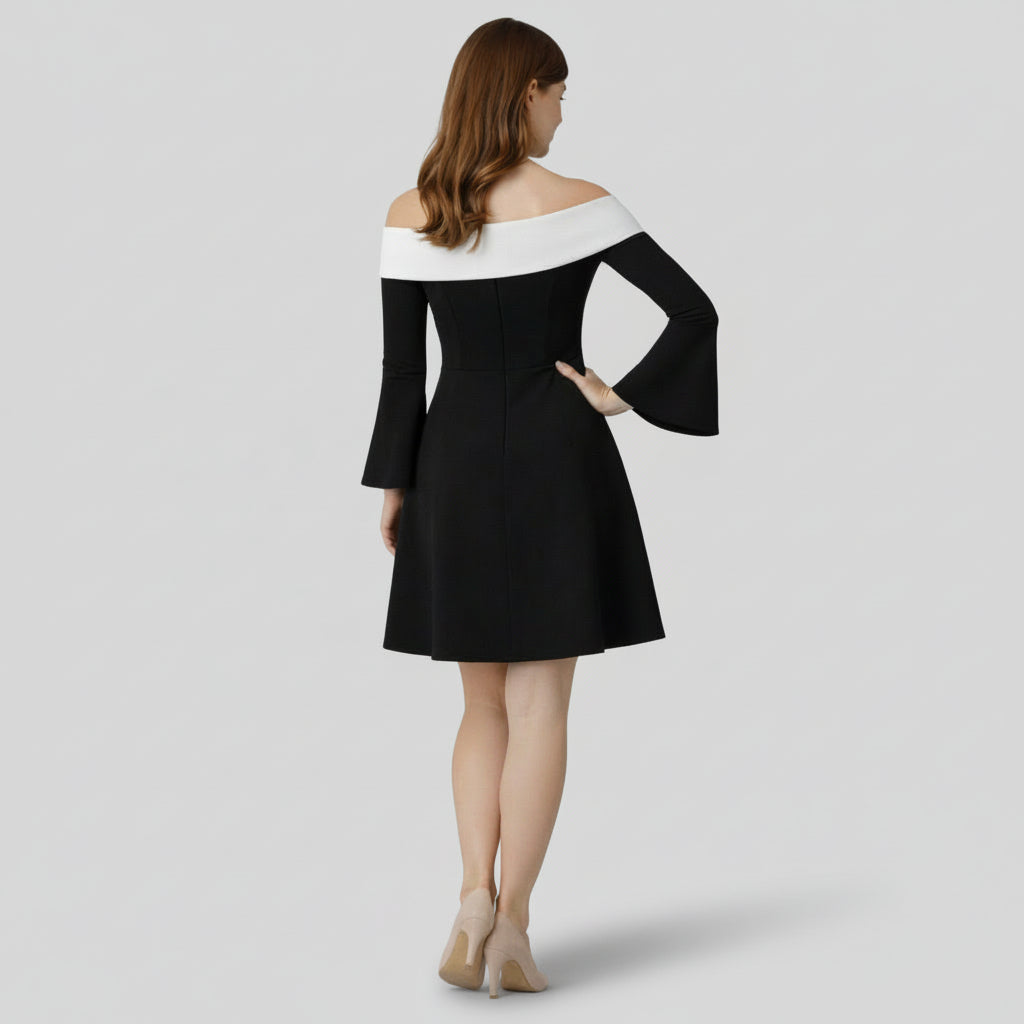 Robe Mini Femme Épaules Dénudées – Manches Évasées Coupe Fit & Flare