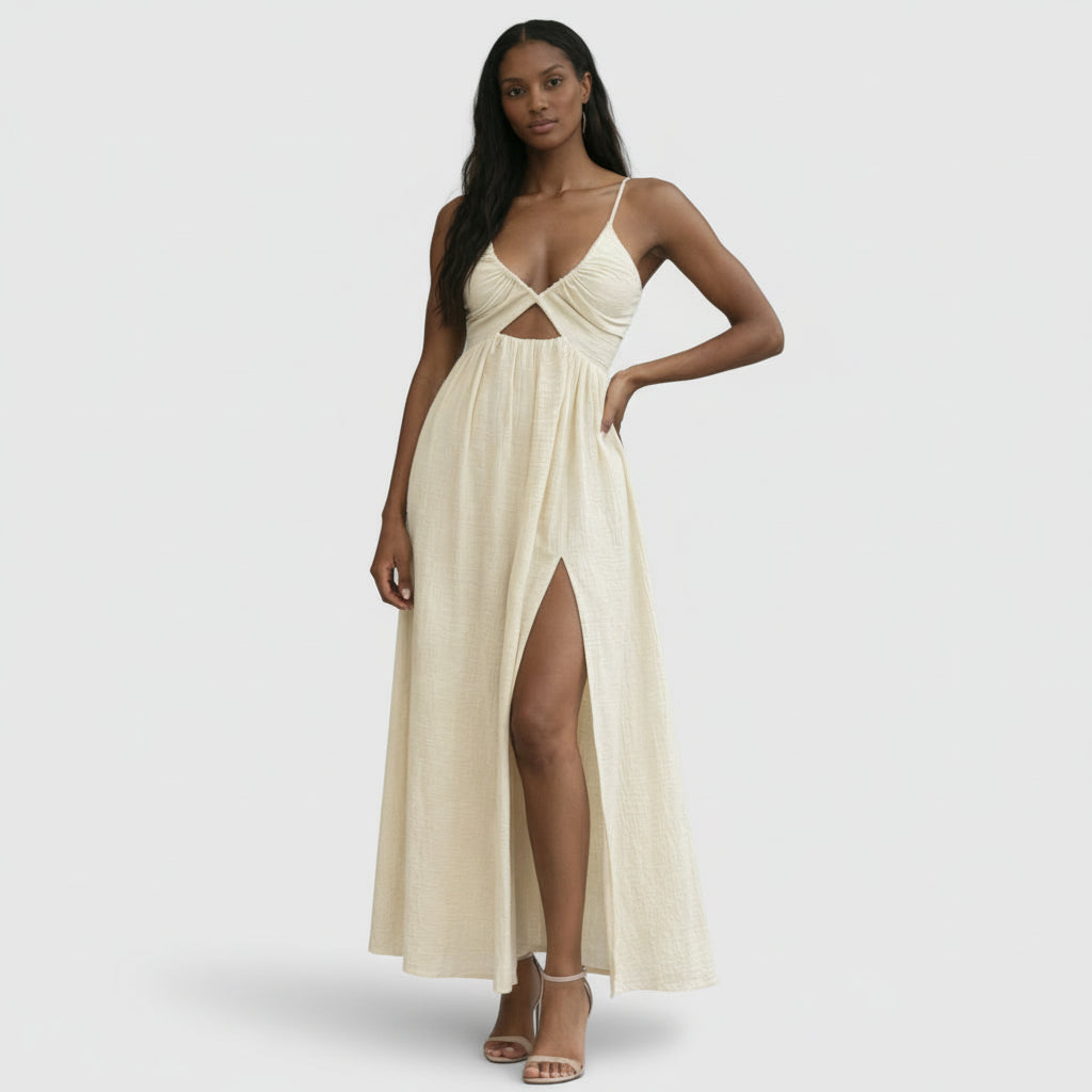 Robe Midi Femme Bretelles Fines – Corsage Découpé Dos Ouvert Fente