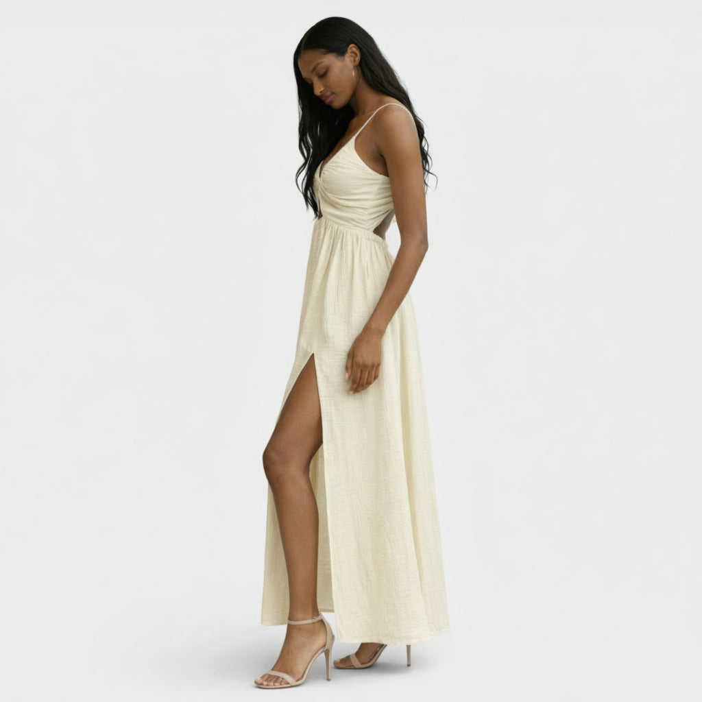 Robe Midi Femme Bretelles Fines – Corsage Découpé Dos Ouvert Fente