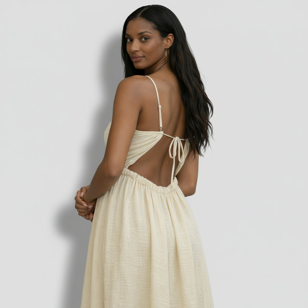 Robe Midi Femme Bretelles Fines – Corsage Découpé Dos Ouvert Fente