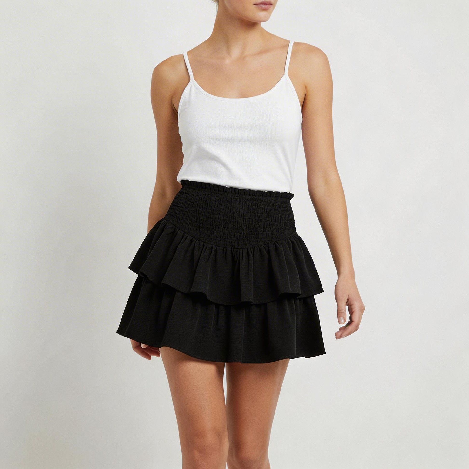 Jupe Mini Femme Taille Haute Smockée à Volants – Coupe Évasée