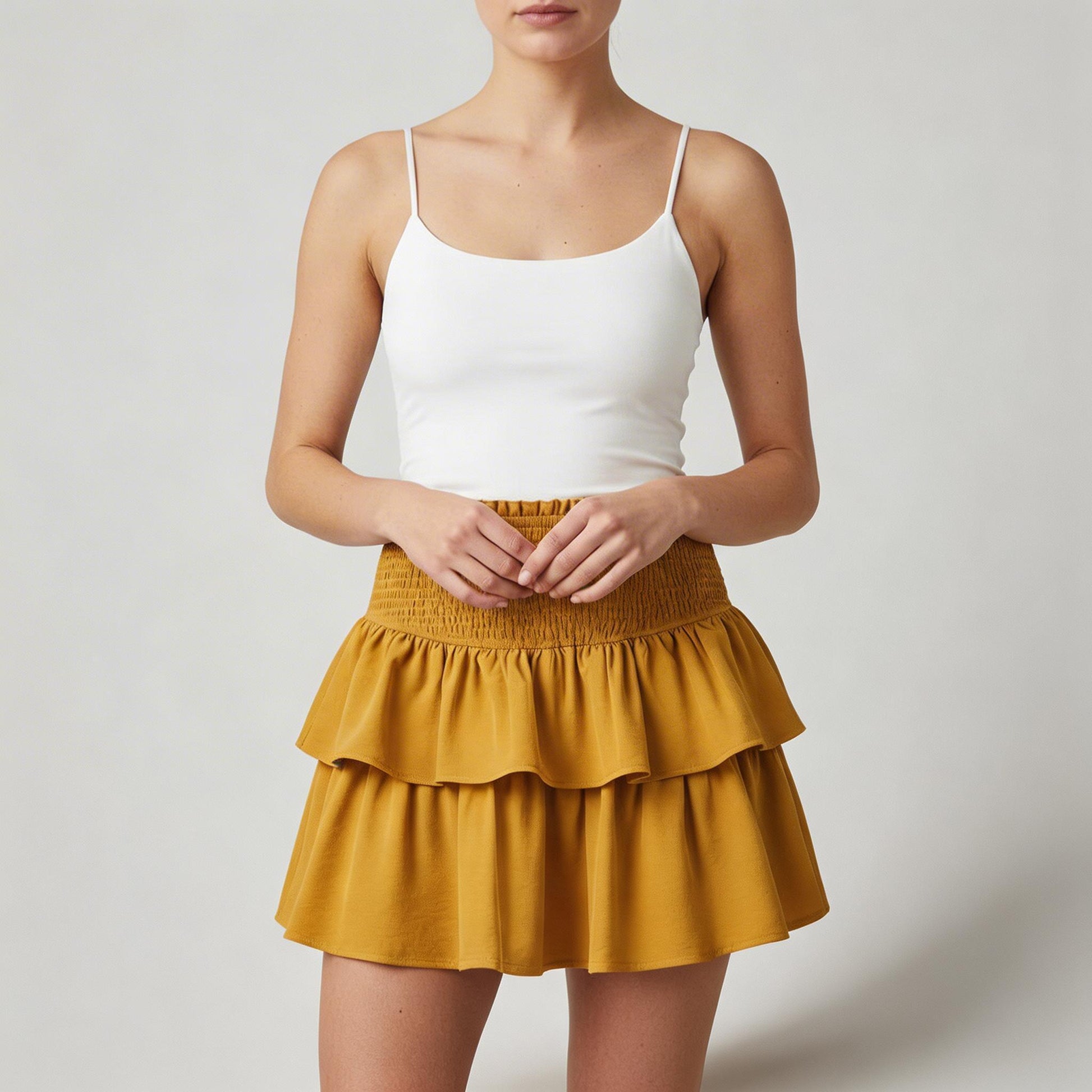 Jupe Mini Femme Taille Haute Smockée à Volants – Coupe Évasée