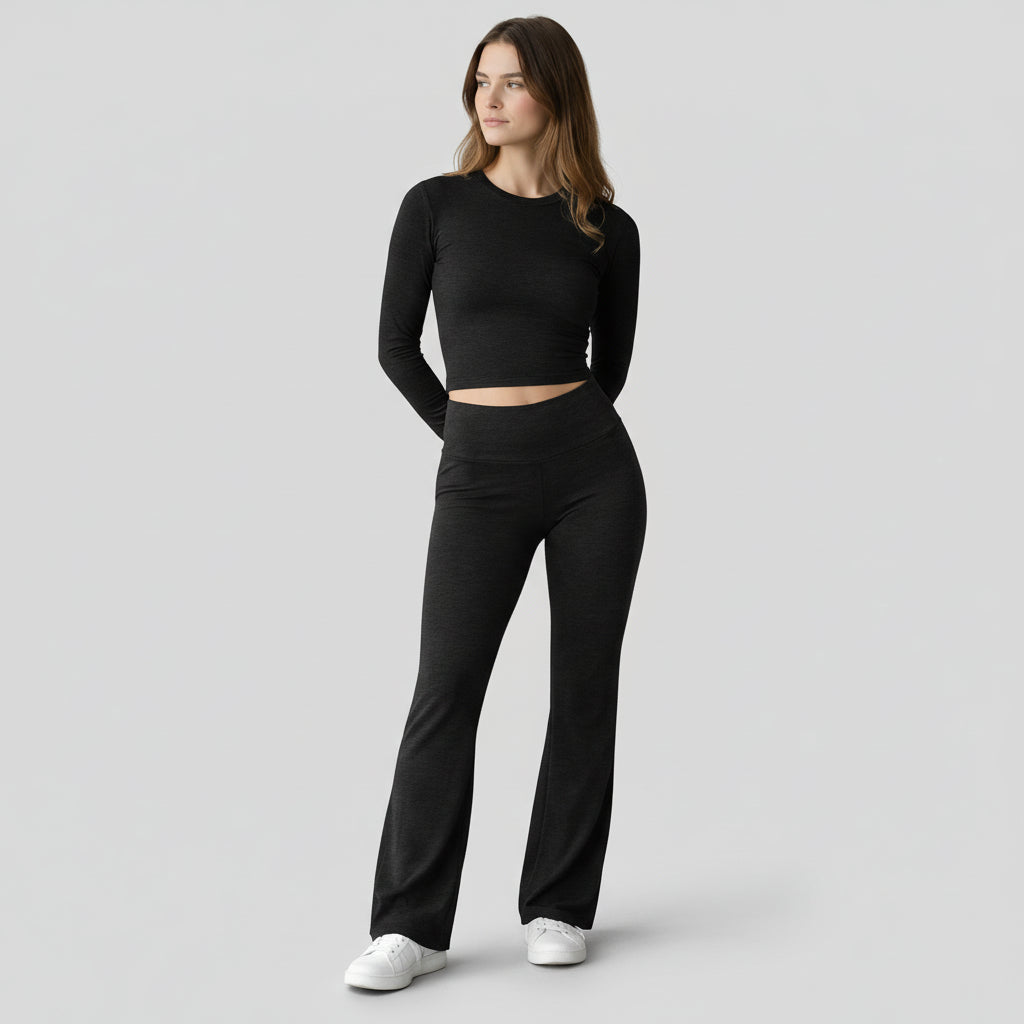 Ensemble Femme 2 Pièces Chic – Crop Top Manches Longues et Pantalon Évasé